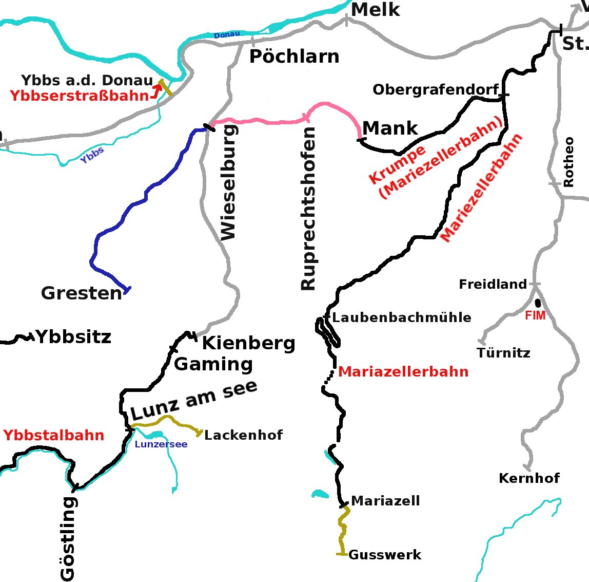 Carte schématique des lignes de la région du Piechtal et de Mariazel