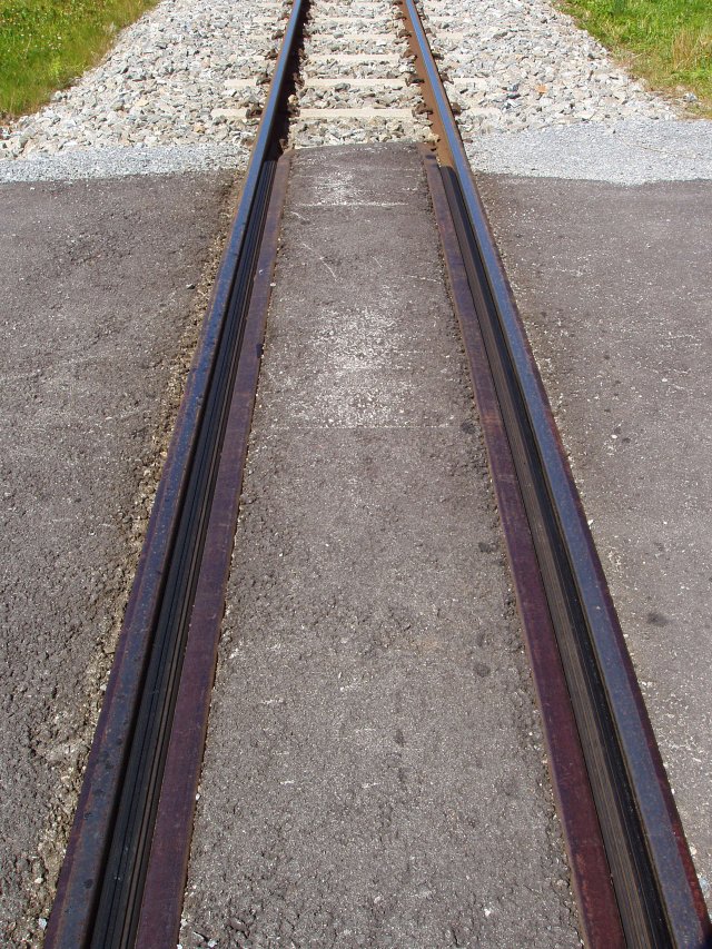 Gros plan sur le passage à niveau avec la garniture en élastomère entre rail et contre rail